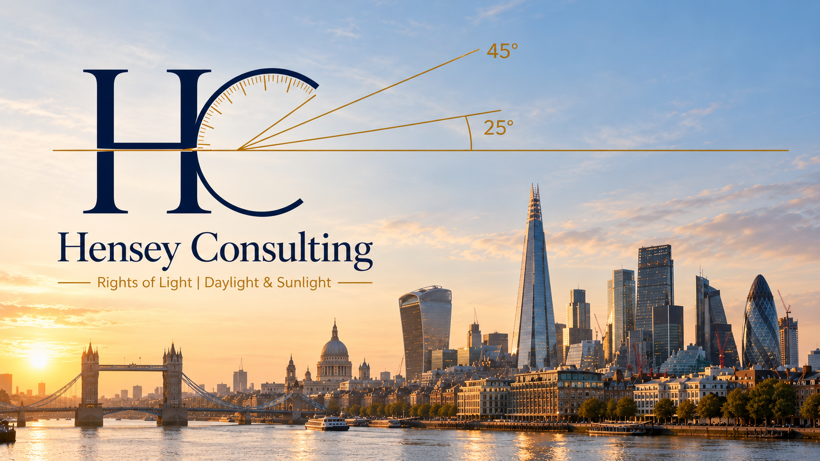 Hensey Consulting's navy HC logo with its original gold 25° and 45° construction lines extending across a sunset view of the London skyline, including Tower Bridge, St Paul's Cathedral and the Shard.