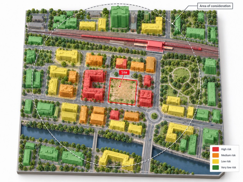Illustrative CGI urban plan with a vacant central development site, surrounding buildings and colour-coded risk screening within an area of consideration