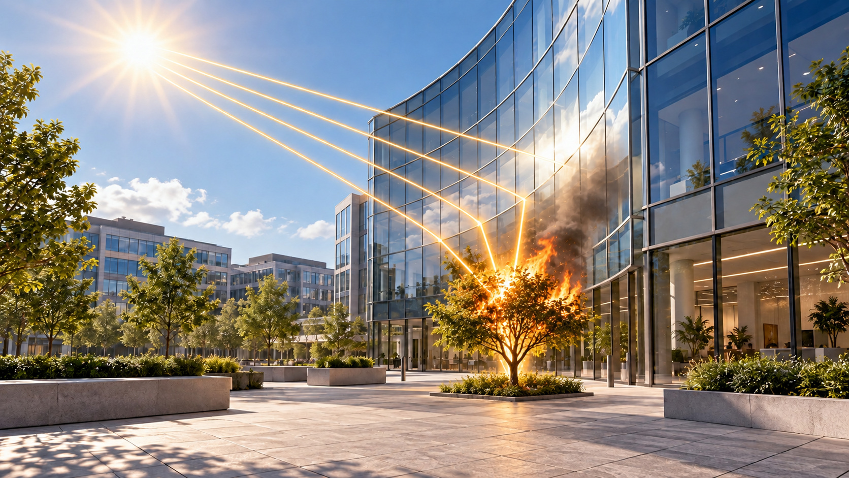 Concept illustration of sunlight reflected by a curved glazed building onto a localised focal point, igniting a tree