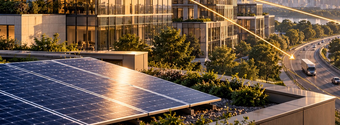 Solar photovoltaic panels catching low-angle sunlight on a rooftop